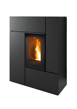 FEEL - Schlanker Keramik-Pelletofen oder in Metall Schwarz, als Luftversion, mit essentiellem Design und Core-Technologie.